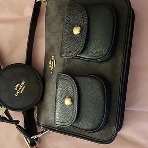 COACH C5675 Pennie Signature Coin Case Crossbody Brown Black